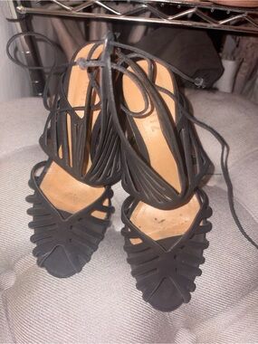 SCHUTZ Black Strappy Cutout Lace-Up Heels